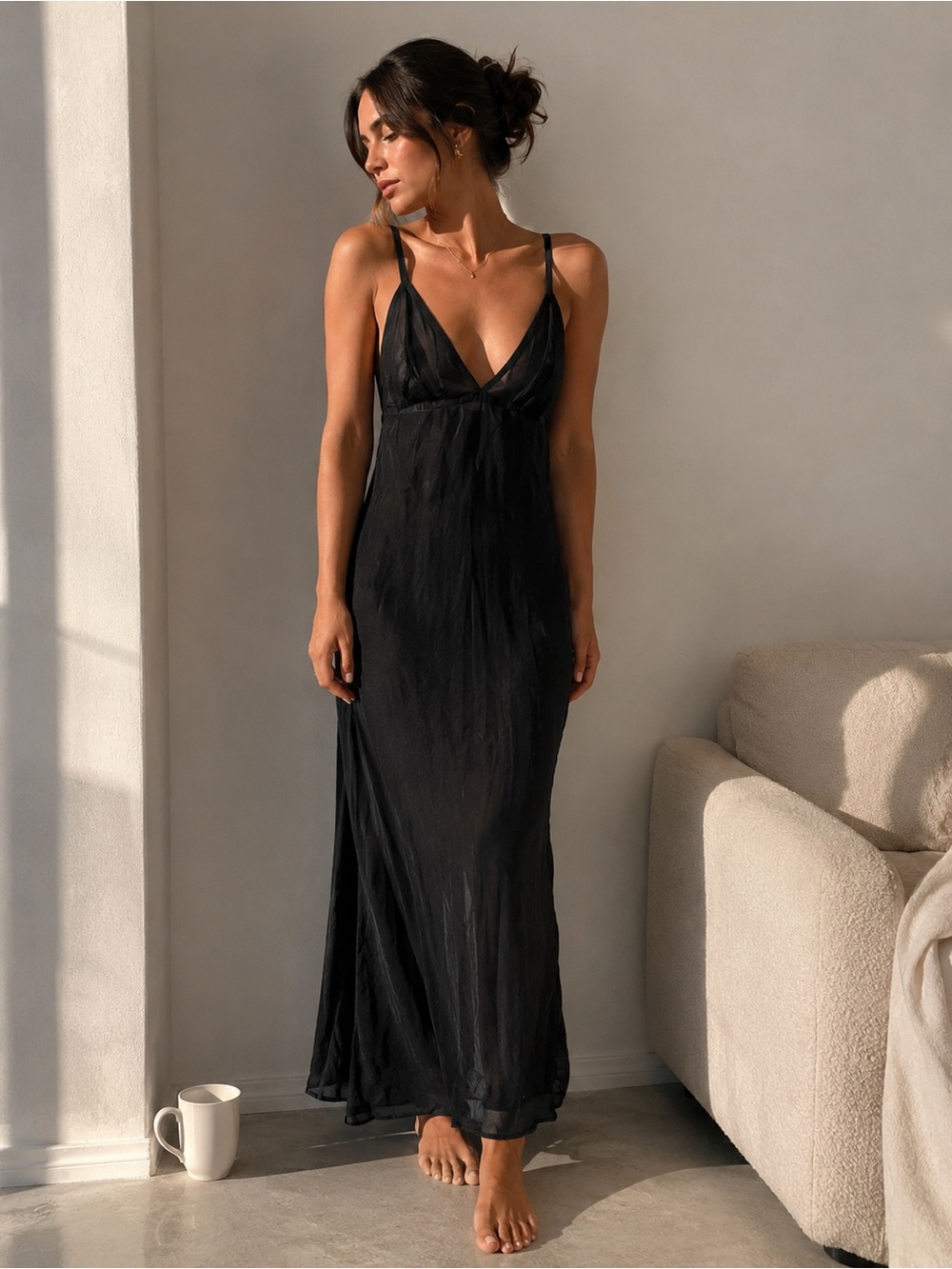 Vintage Handmade Sheer Full Length Nighty Sleep Dress Lingerie XL Black Strappy